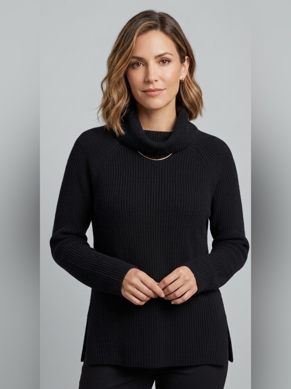 Vince Black‎ wool blend Ribbed Knit Mock Neck Cowl Turtleneck Side Zip Sweater